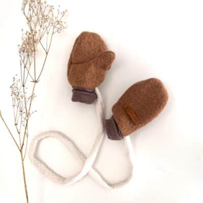 Sofortkauf: ungefütterte Wollwalk Handschuhe in Camel mit Band, Gr. 1 (1-2 Jahre)
