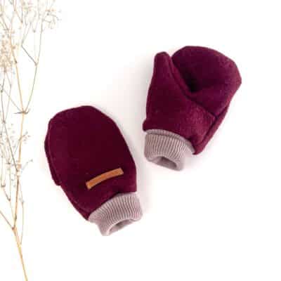 Sofortkauf: ungefütterte Wollwalk Handschuhe in Merinowalk Beere mit Merino-Wollbündchen, Gr. 2 (3-4 Jahre)