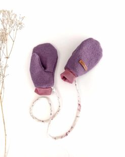 Sofortkauf: ungefütterte Wollwalk Handschuhe in Lila mit Band, Gr. 3 (4-5 Jahre)
