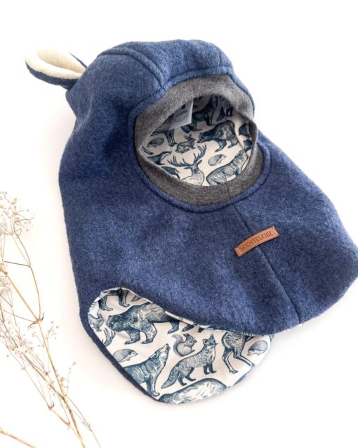 Sofortkauf: runde Wollwalk Schlupfmütze Merino Jeansblau mit Bärenohren, Gr. 50-52 – Bild 3