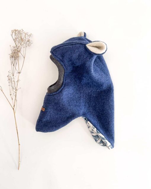 Sofortkauf: runde Wollwalk Schlupfmütze Merino Jeansblau mit Bärenohren, Gr. 50-52 – Bild 2