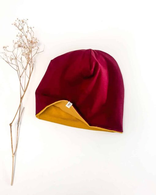Sofortkauf: Wende-Beanie Beere/Senf Gr. 50-52
