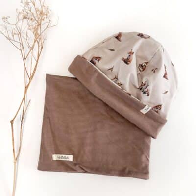 Sofortkauf: Set aus Bio-Beanie und Loop in Schlamm/Fuchsliebe, Gr. 1-3 Jahre