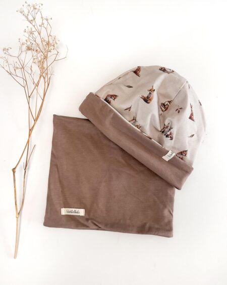 Sofortkauf: Set aus Bio-Beanie und Loop in Schlamm/Fuchsliebe, Gr. 1-3 Jahre