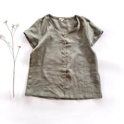 Sofortkauf: Damen Leinen Shirt mit Knopfleiste in Olive, Gr. M (38/40)