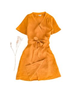 Sofortkauf: knielanges Damen Wickelkleid aus Leinen in Senf, Gr. M (38/40)