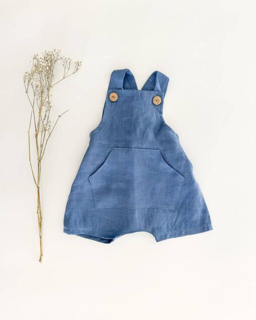 Sofortkauf: kurze Leinen Latzhose/ Salopette Jeansblau, Gr. 62/68