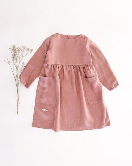 Sofortkauf: Leinenkleid langarm in Altrosa, Gr. 122/128