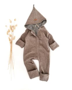 Sofortkauf: Merino Overall in Taupe/Leoprint mit Umschlagbündchen und Reißverschluss, Gr. 68/74