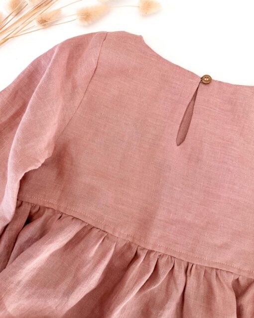 Sofortkauf: Leinenkleid langarm in Altrosa, Gr. 140/146 – Bild 3