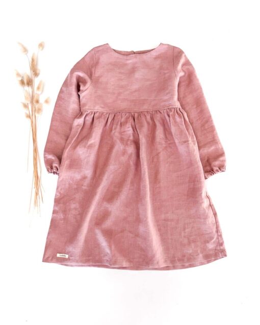 Sofortkauf: Leinenkleid langarm in Altrosa, Gr. 140/146