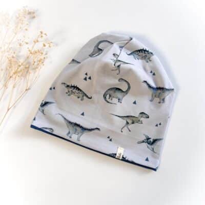 Sofortkauf: Wende-Beanie Rauchblau/Dinos, Gr. 48-50 (ca 1,5-2 Jahre)