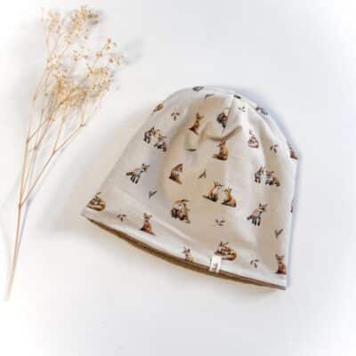Sofortkauf: Wende-Beanie Fuchsliebe Kuschelfleece Beige, Gr. 52-54 (4-10 Jahre)