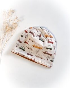 Sofortkauf: Wende-Beanie Zimt/Chasing Cars, Gr. 50-52 (2-4 Jahre)