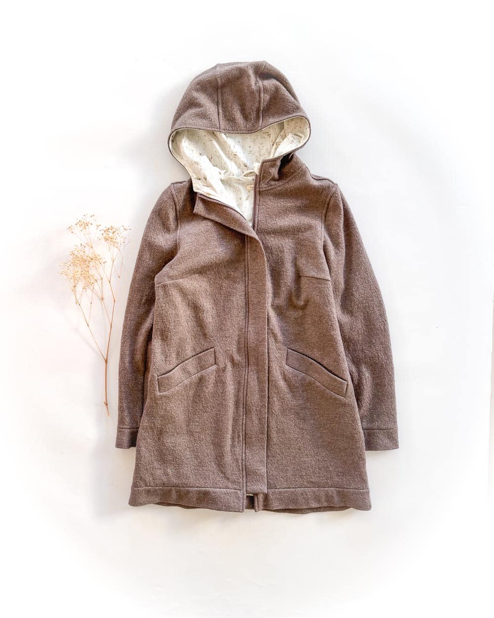 Sofortkauf: Damen Merino-Walkmantel mit Reißverschluss - Taupe/Zarte Gräser komplett gefüttert, Gr. M (38/40)