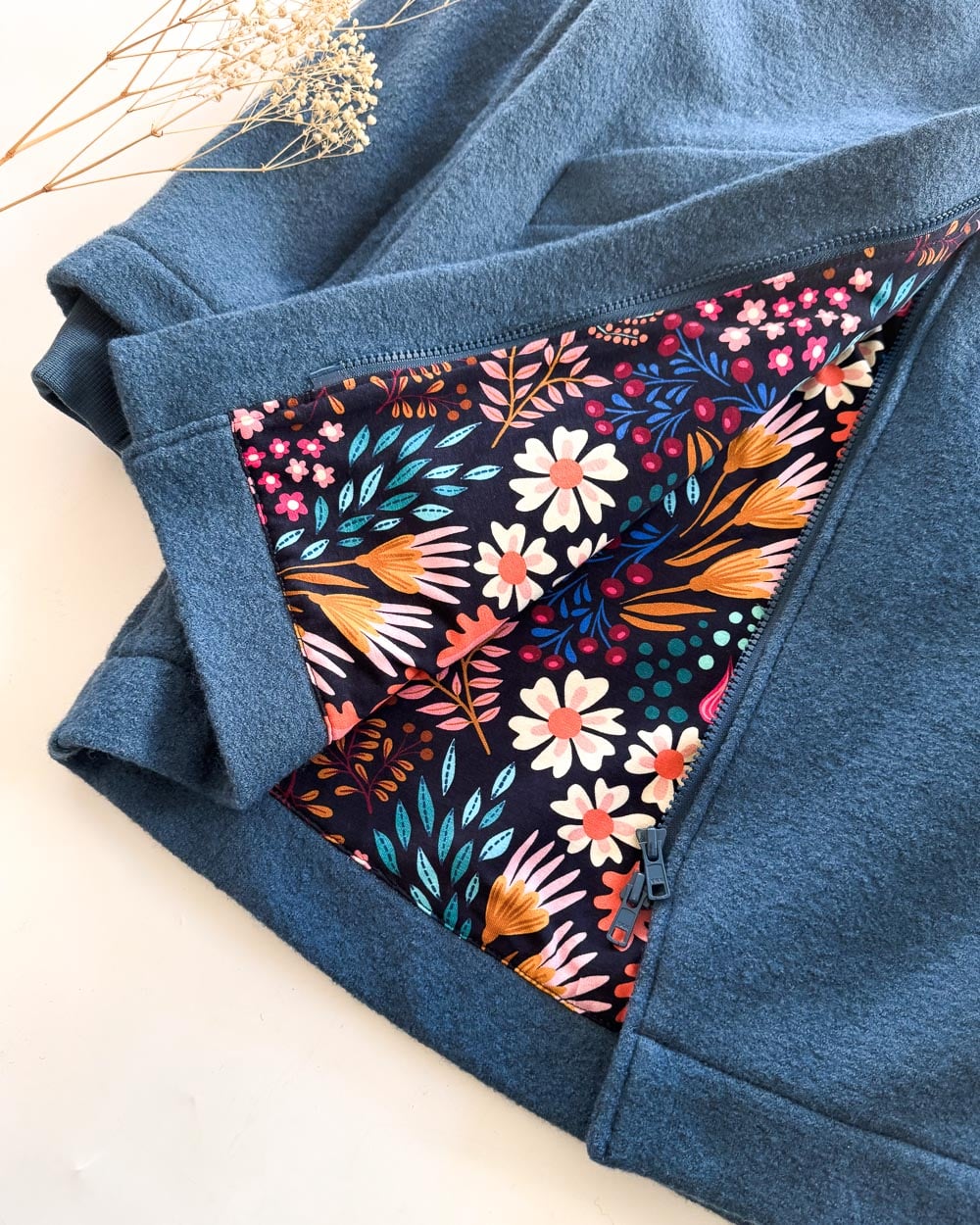 Sofortkauf: Damen Walkmantel mit Reißverschluss - Rauchblau/Flowerfield komplett gefüttert, Gr. M (38/40) – Bild 3