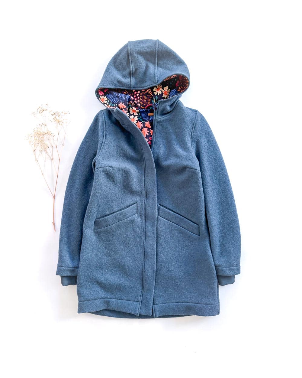Sofortkauf: Damen Walkmantel mit Reißverschluss - Rauchblau/Flowerfield komplett gefüttert, Gr. M (38/40)