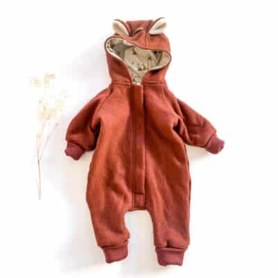 Sofortkauf: Walkoverall mit Reißverschluss in Rost/Fuchsliebe mit Bärenohren, Gr. 62/68