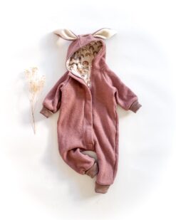 Sofortkauf: Walkoverall mit Reißverschluss und Hasenohren in Altrosa/Brownbow, Gr. 80/86