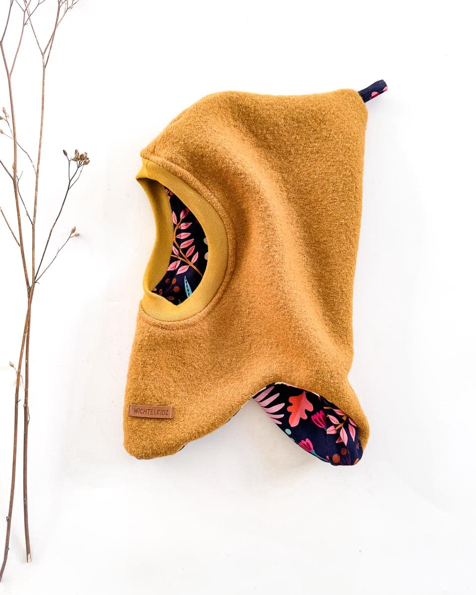 Sofortkauf: spitze Wollwalk Schlupfmütze in Senf, Gr. 48-50