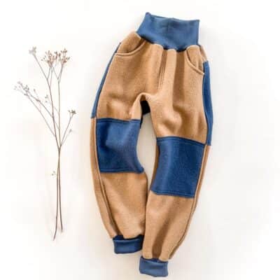 Sofortkauf: Walkhose mit Taschen in Camel mit Po- und Knie Verstärkung in Rauchblau, Gr. 122/128