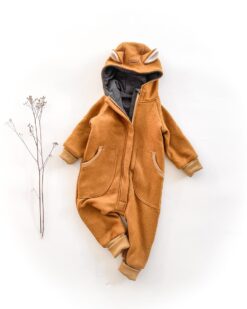 Sofortkauf: Merinowalk Overall mit Bärenohren in Senf mit Wolljersey-Futter Anthrazit, Gr. 86/92