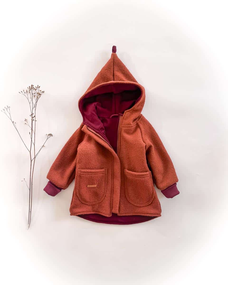 Sofortkauf: Walkjacke mit Reißverschluss in Rost und Wolljersey-Futter Beere, Gr. 92/98