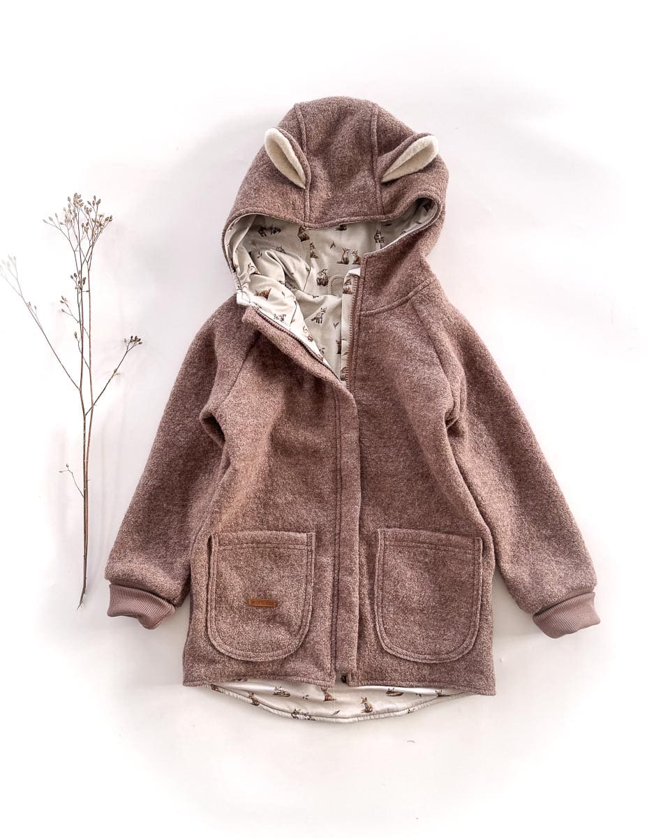 Sofortkauf: Walkjacke mit Reißverschluss und Bärenohren in Schlamm/Fuchsliebe, Gr. 134/140