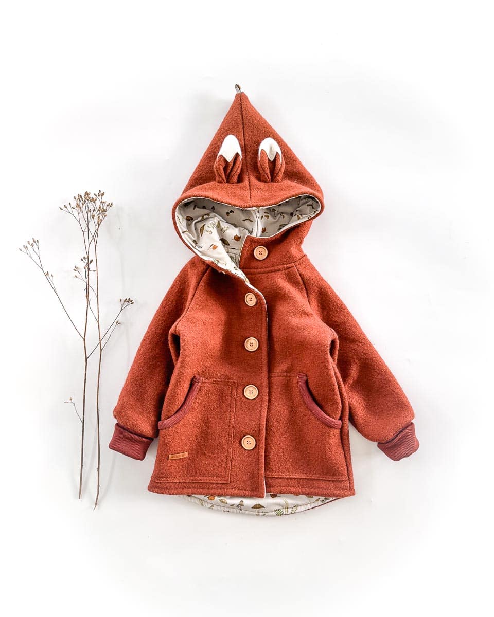 Sofortkauf: Walkjacke mit Holzknöpfen und Fuchs in Rost/Herbstwald, Gr. 98/104