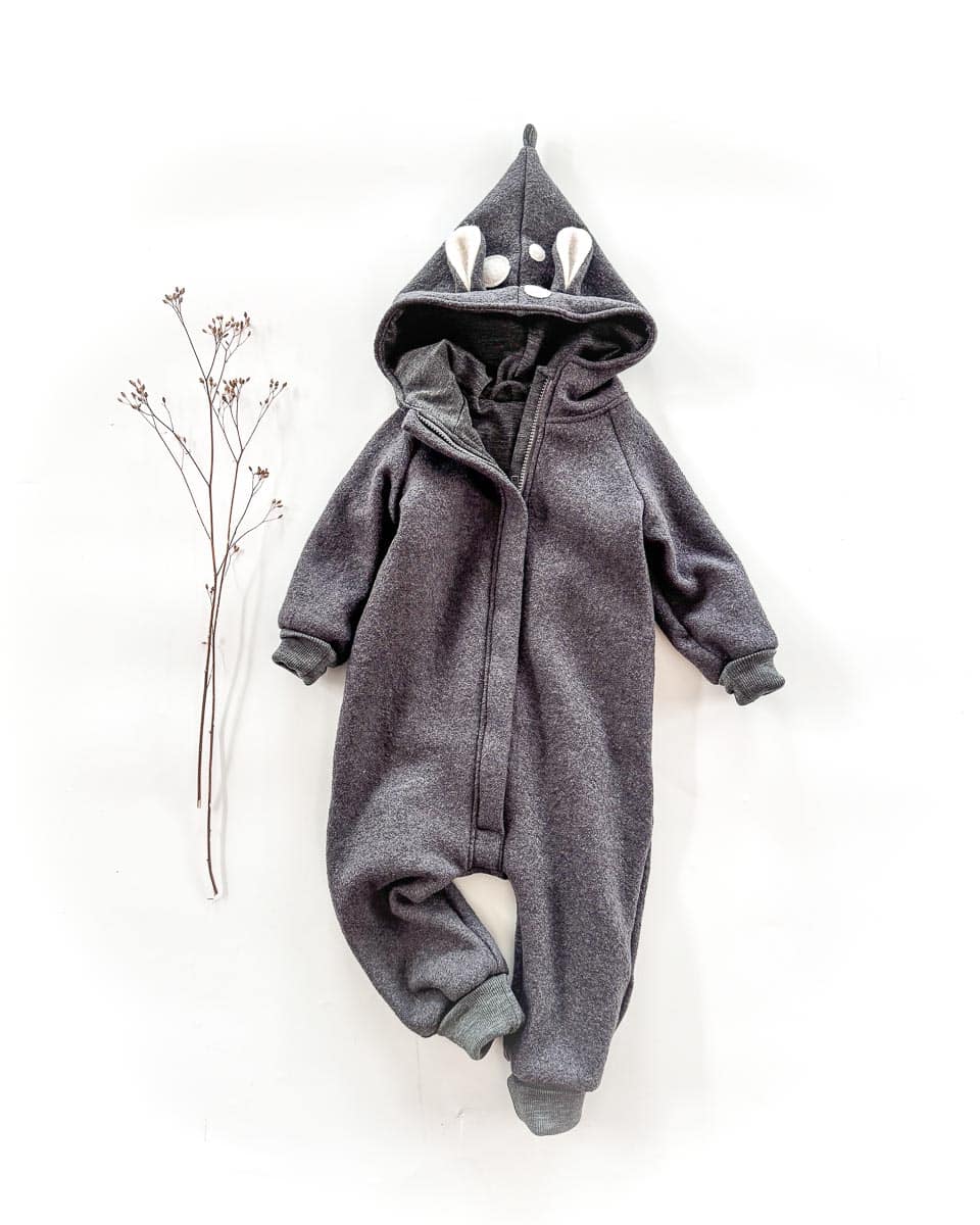 Sofortkauf: Merinowalk Overall mit Reh in Graphit mit Wolljersey-Futter Anthrazit, Gr. 92/98