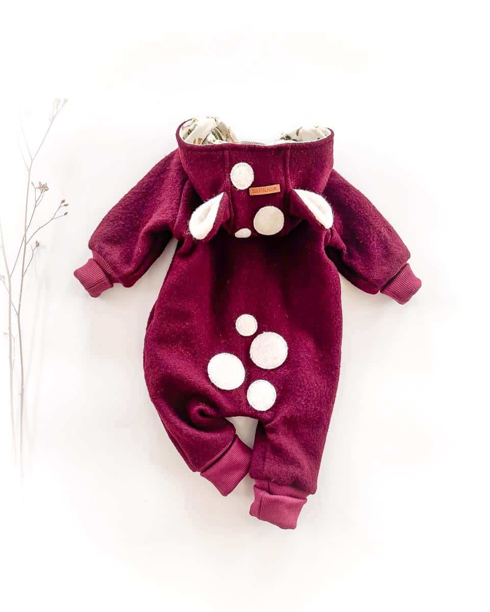 Sofortkauf: Merinowalk Overall mit Reh in Beere/Herbstwald, Gr. 56/62 – Bild 2