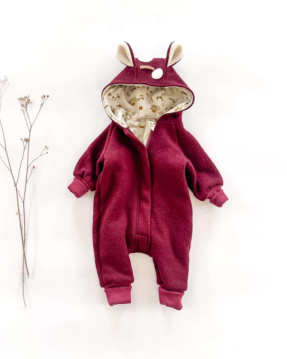 Sofortkauf: Merinowalk Overall mit Reh in Beere/Herbstwald, Gr. 56/62