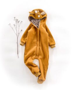 Sofortkauf: Walkoverall mit Reißverschluss in Senf/Waldtiere, Gr. 104/110