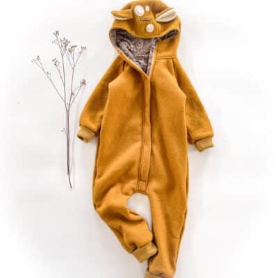 Sofortkauf: Walkoverall mit Reißverschluss in Senf/Waldtiere, Gr. 104/110