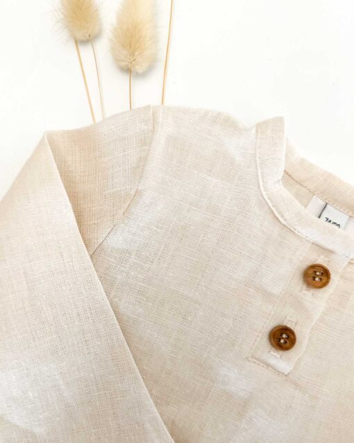 Sofortkauf: langarm Leinenshirt mit Knopfleiste in Natur, Gr. 74/80 – Bild 3