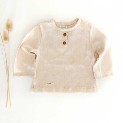 Sofortkauf: langarm Leinenshirt mit Knopfleiste in Natur, Gr. 74/80