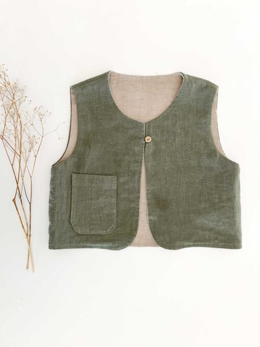 Sofortkauf: Leinen Weste in Olive & Sand Gr. 110/116