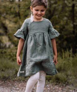 Sommer Leinenkleid festlich Volant Kleid für Einschulung oder Hochzeit in Salbei/ Olive
