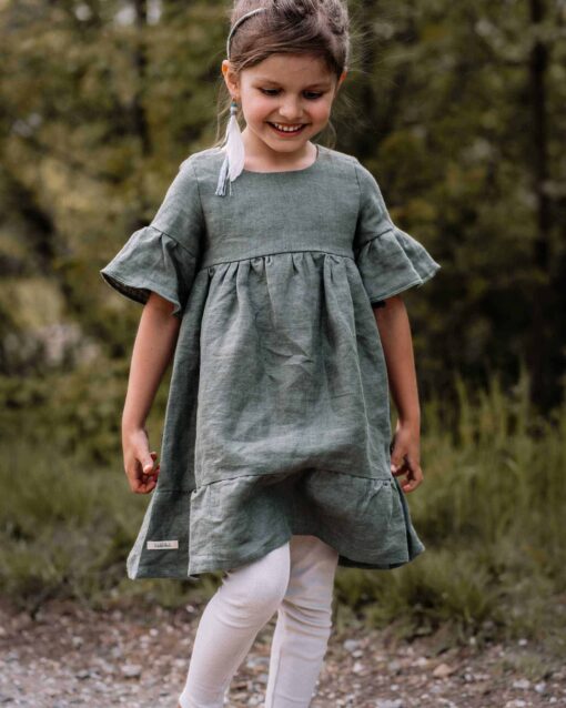 Sommer Leinenkleid festlich Volant Kleid für Einschulung oder Hochzeit in Salbei/ Olive