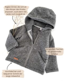 Kinder Wollfleece Jacke aus 100% Bio Merinowolle mit Reißverschluss und Taschen