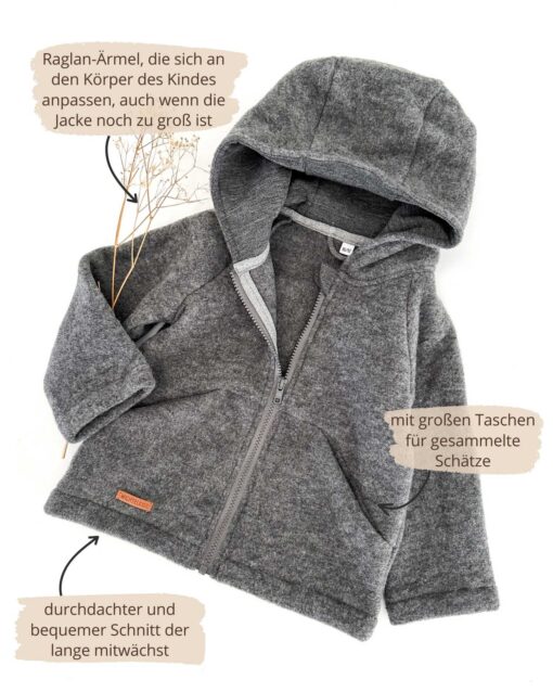 Kinder Wollfleece Jacke aus 100% Bio Merinowolle mit Reißverschluss und Taschen