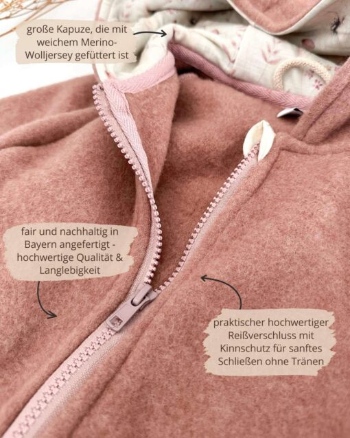 Kinder Wollfleece Jacke aus 100% Bio Merinowolle mit Reißverschluss und Taschen