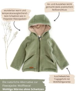 Kinder Wollfleece Jacke aus 100% Bio Merinowolle mit Reißverschluss und Taschen