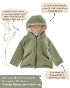 Kinder Wollfleece Jacke aus 100% Bio Merinowolle mit Reißverschluss und Taschen