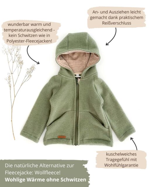 Kinder Wollfleece Jacke aus 100% Bio Merinowolle mit Reißverschluss und Taschen