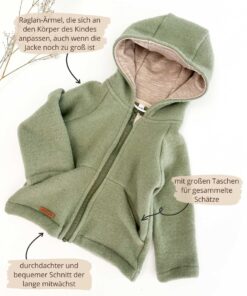 Kinder Wollfleece Jacke aus 100% Bio Merinowolle mit Reißverschluss und Taschen