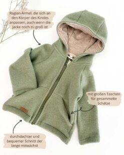 Kinder Wollfleece Jacke aus 100% Bio Merinowolle mit Reißverschluss und Taschen
