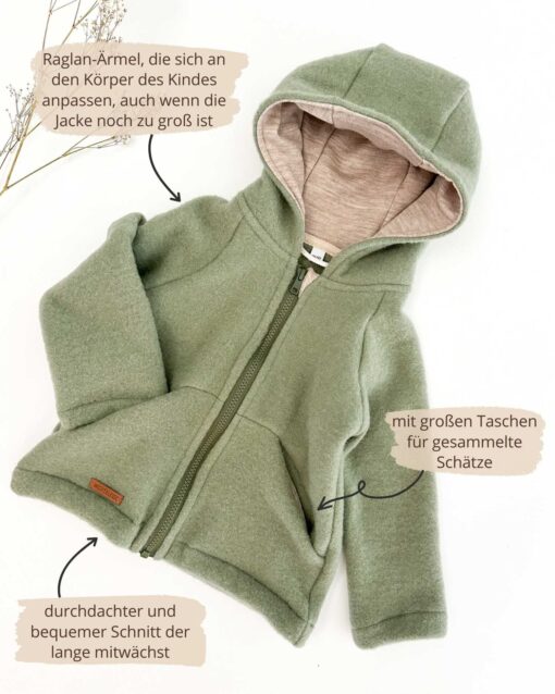 Kinder Wollfleece Jacke aus 100% Bio Merinowolle mit Reißverschluss und Taschen