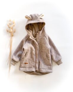 Sofortkauf: Walkjacke mit Reißverschluss mit Bärenohren in Sand Meliert und Wolljersey-Futter Sand Meliert, Gr. 92/98