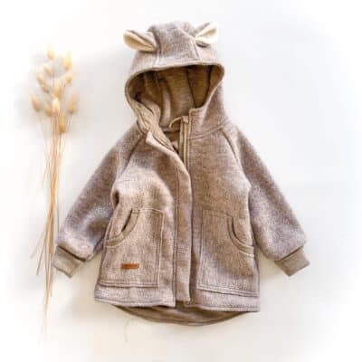 Sofortkauf: Walkjacke mit Reißverschluss mit Bärenohren in Sand Meliert und Wolljersey-Futter Sand Meliert, Gr. 92/98